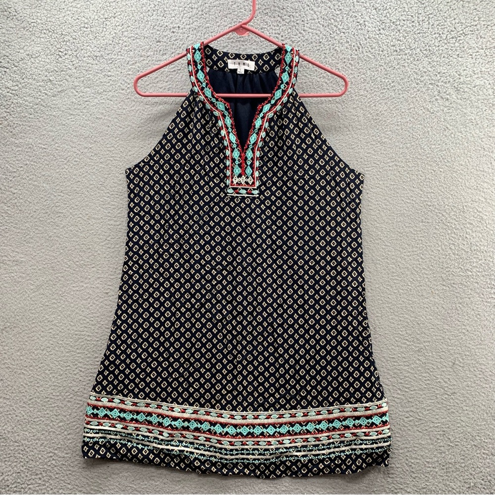 THML Anthropologie Women’s Size L Shift Halter Dress Embroidered Boho Neck Trim